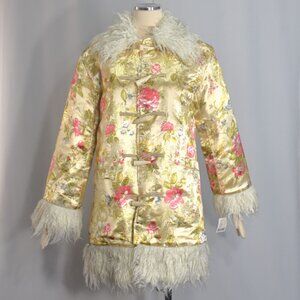 Urban Outfitters Coat Suzani Faux Fur Trim Satin Floral XS